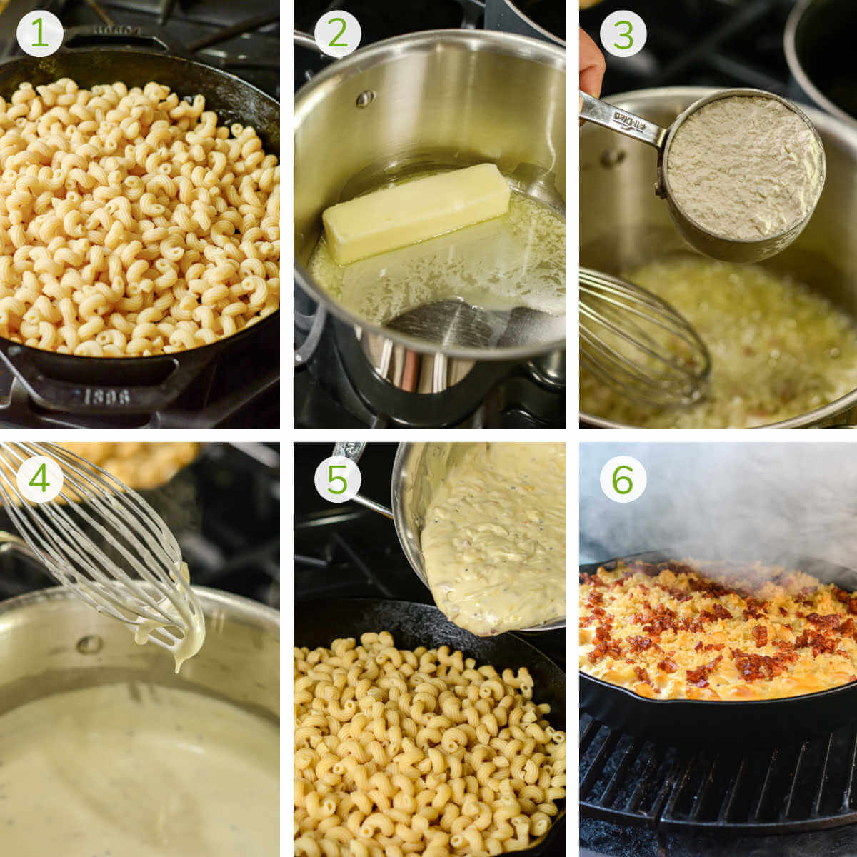 instruction photos showing boiling the cavatappi, making the roux, adding the cheeses, and smoking the mac and cheese.