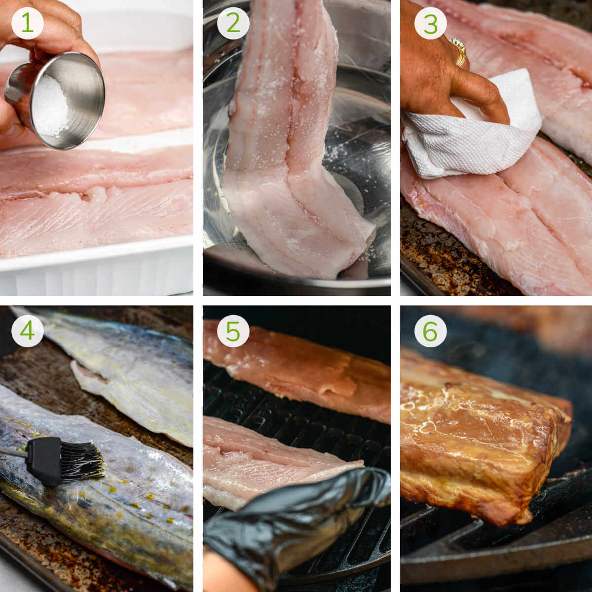 process photos showing adding a dry brine salt, rinsing in water, patting dry with paper towel, oiling the skin and smoking the mackerel.