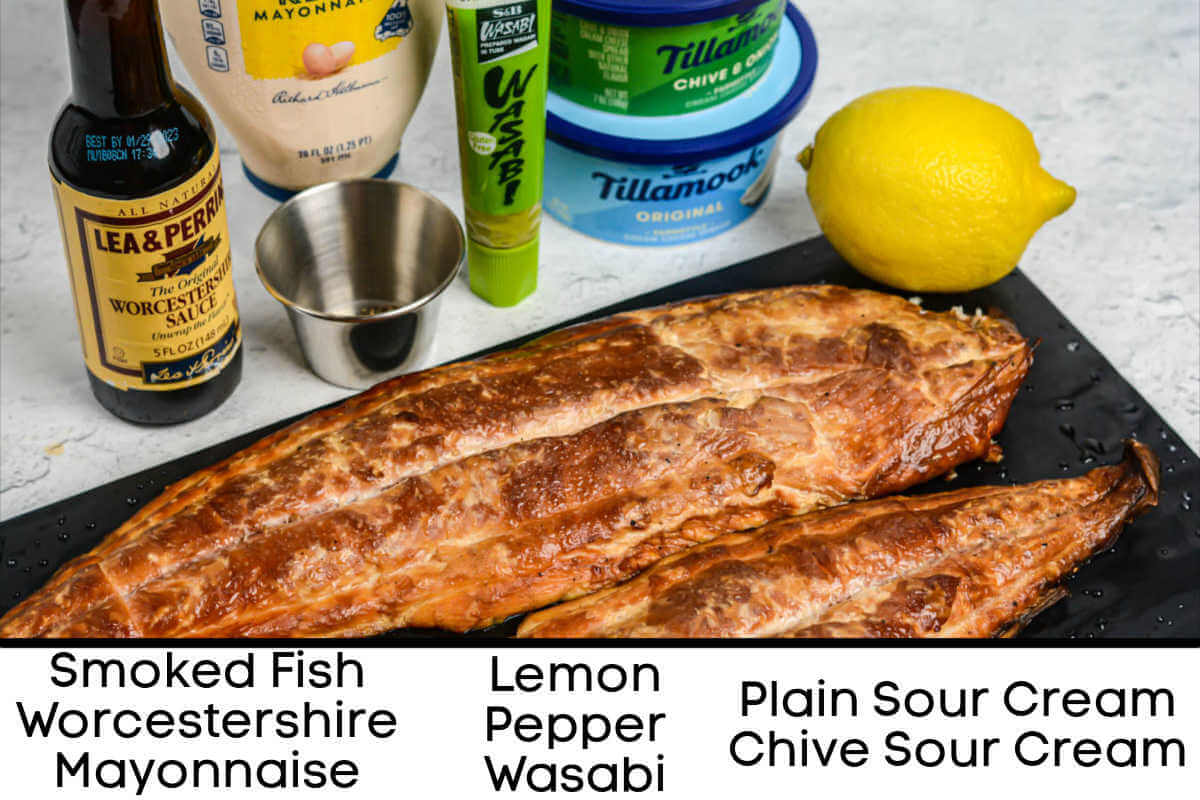 ingredient photo showing the fillet of smoked fish, and the other ingredients on the table with labels.