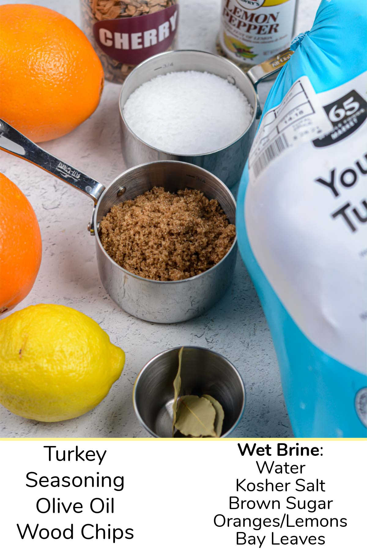 smoked turkey ingredient photo showing the turkey, seasoning and ingredients for the brine with labels.