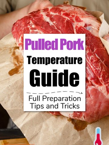 large pork shoulder in butcher paper and s text box noting the pulled pork temperature guide.
