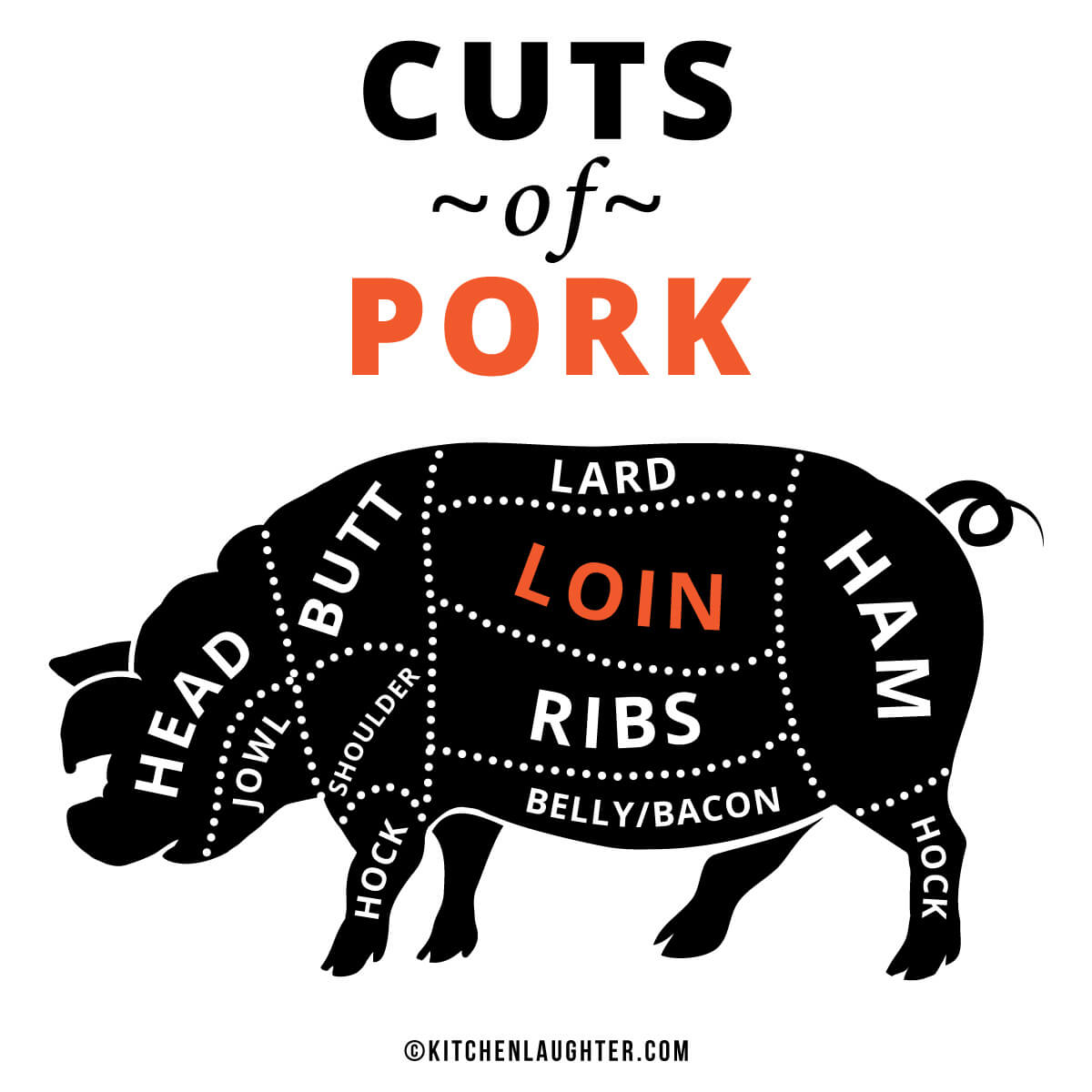Pork graphic showing different meat cuts with the loin primal cut highlighted and text.