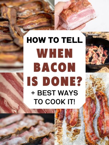 several images of bacon in various forms of cooking with a text box noting how to tell when bacon is done.