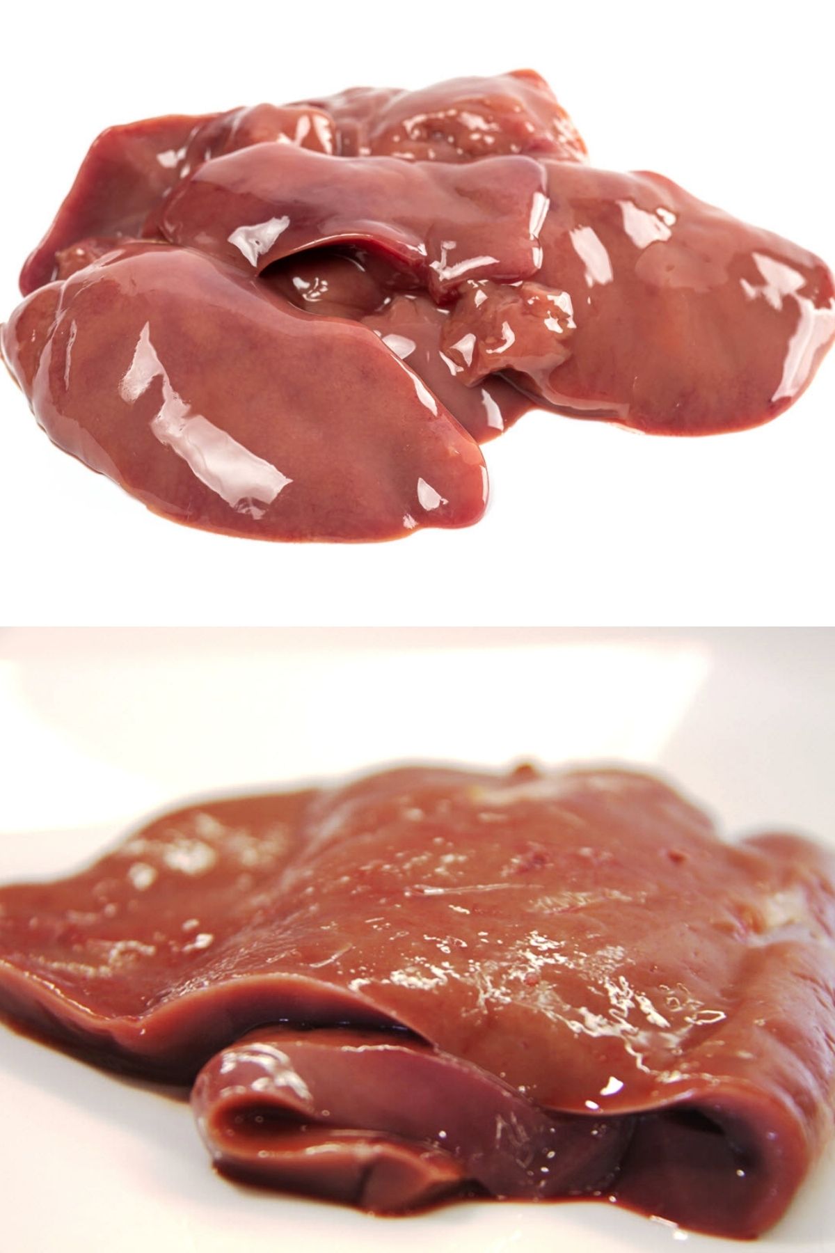 Images of raw beef and chicken liver on white background.