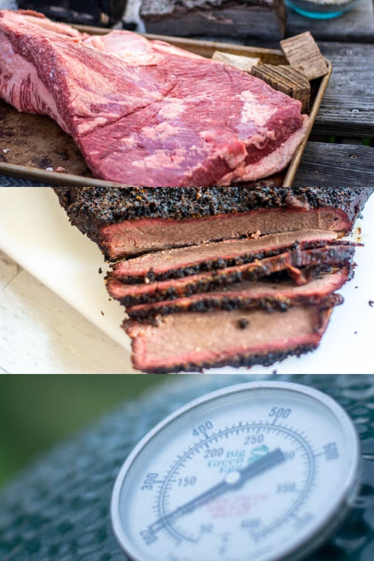 Photos of raw whole brisket, smoked sliced brisket, and smoker temperature gauge.
