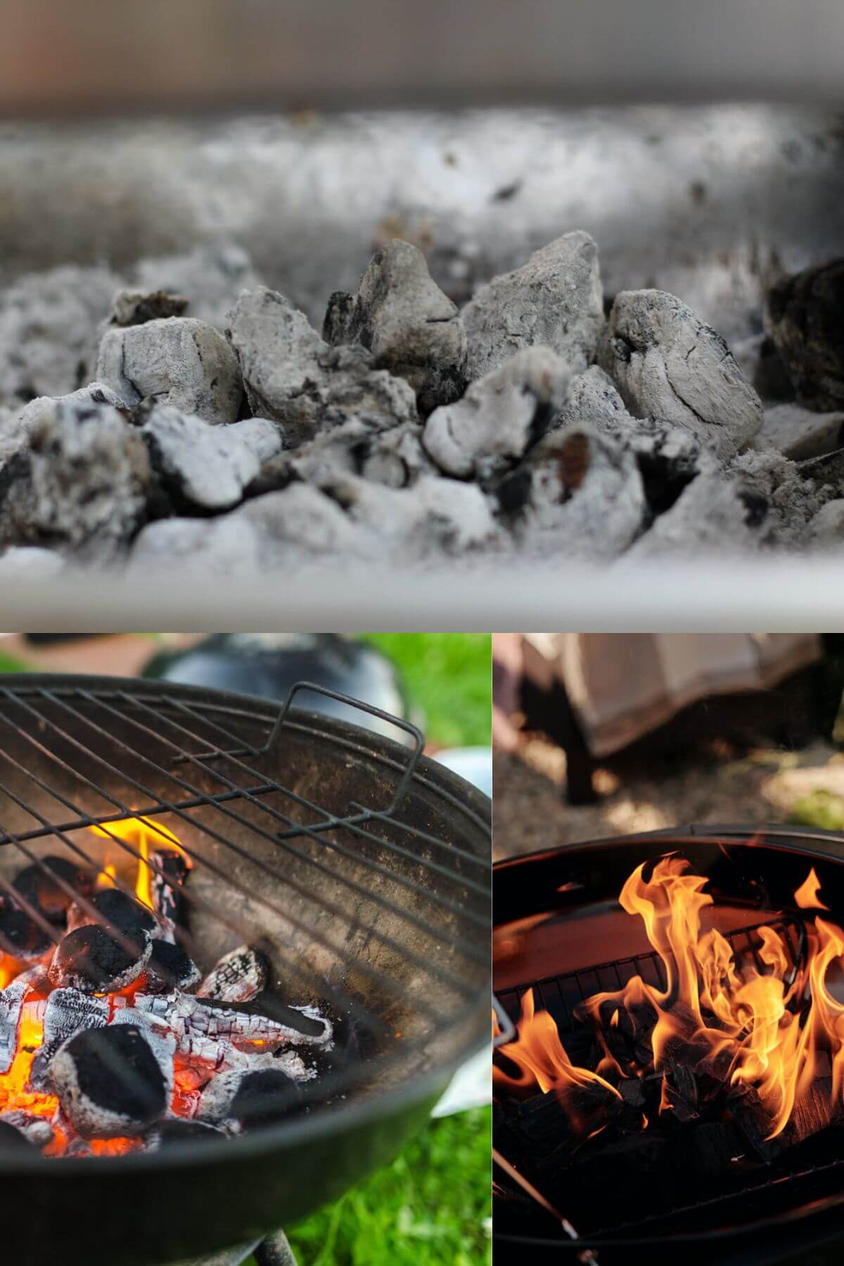 three images of charcoal on BBQ grills with notes on how to put them out.