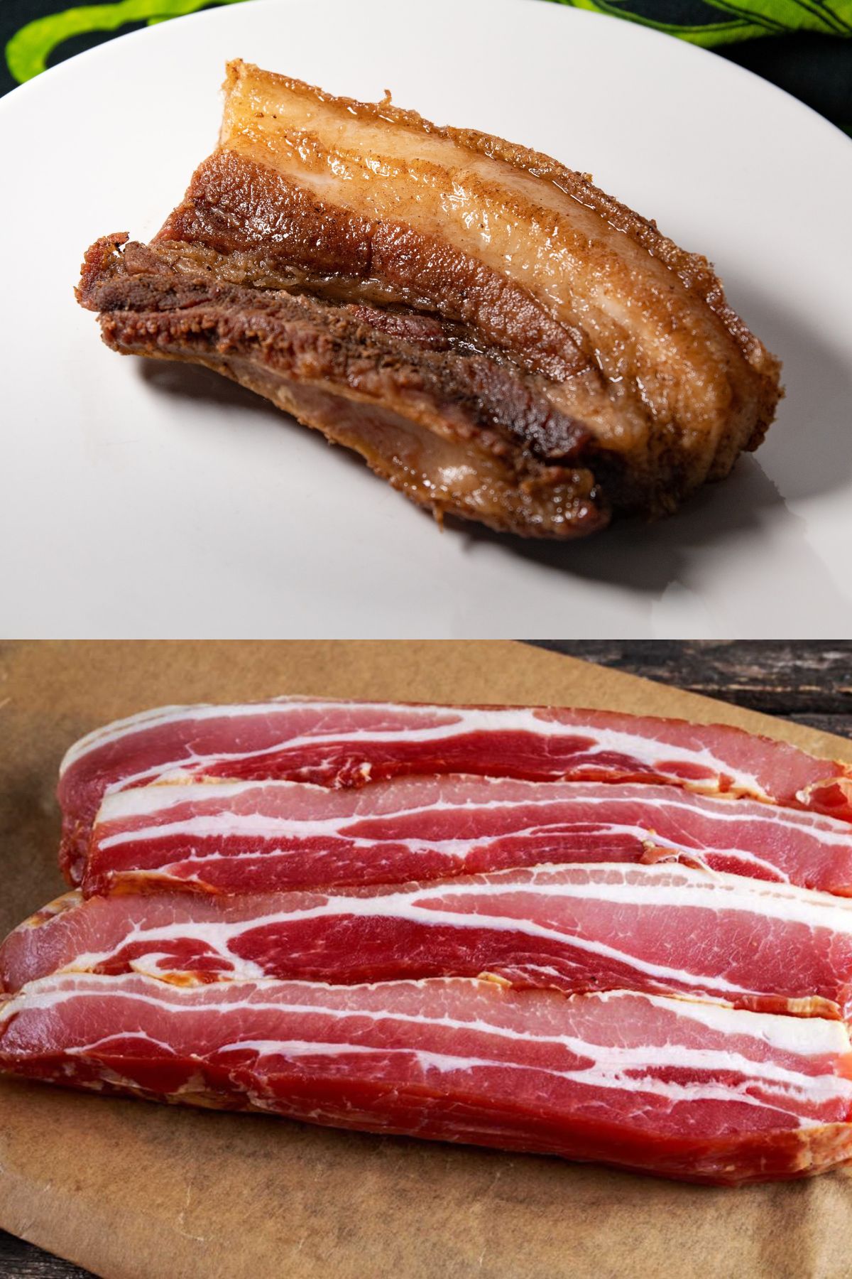 Cooked slice of pork belly and raw slices of bacon.