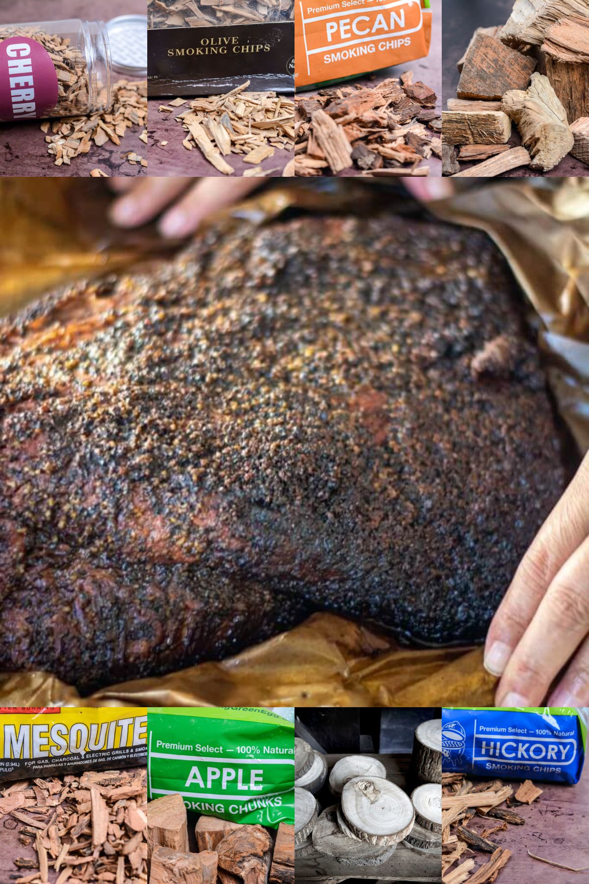 Images of smoked brisket and various types of smoking wood.