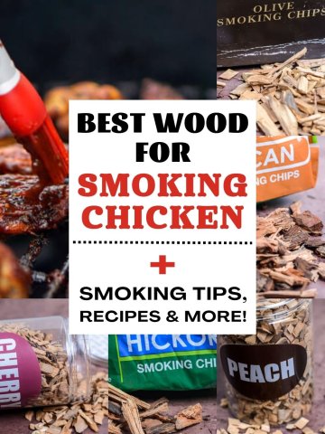 Images of chicken wings on the grill and various smoking woods for chicken with overlayed text.