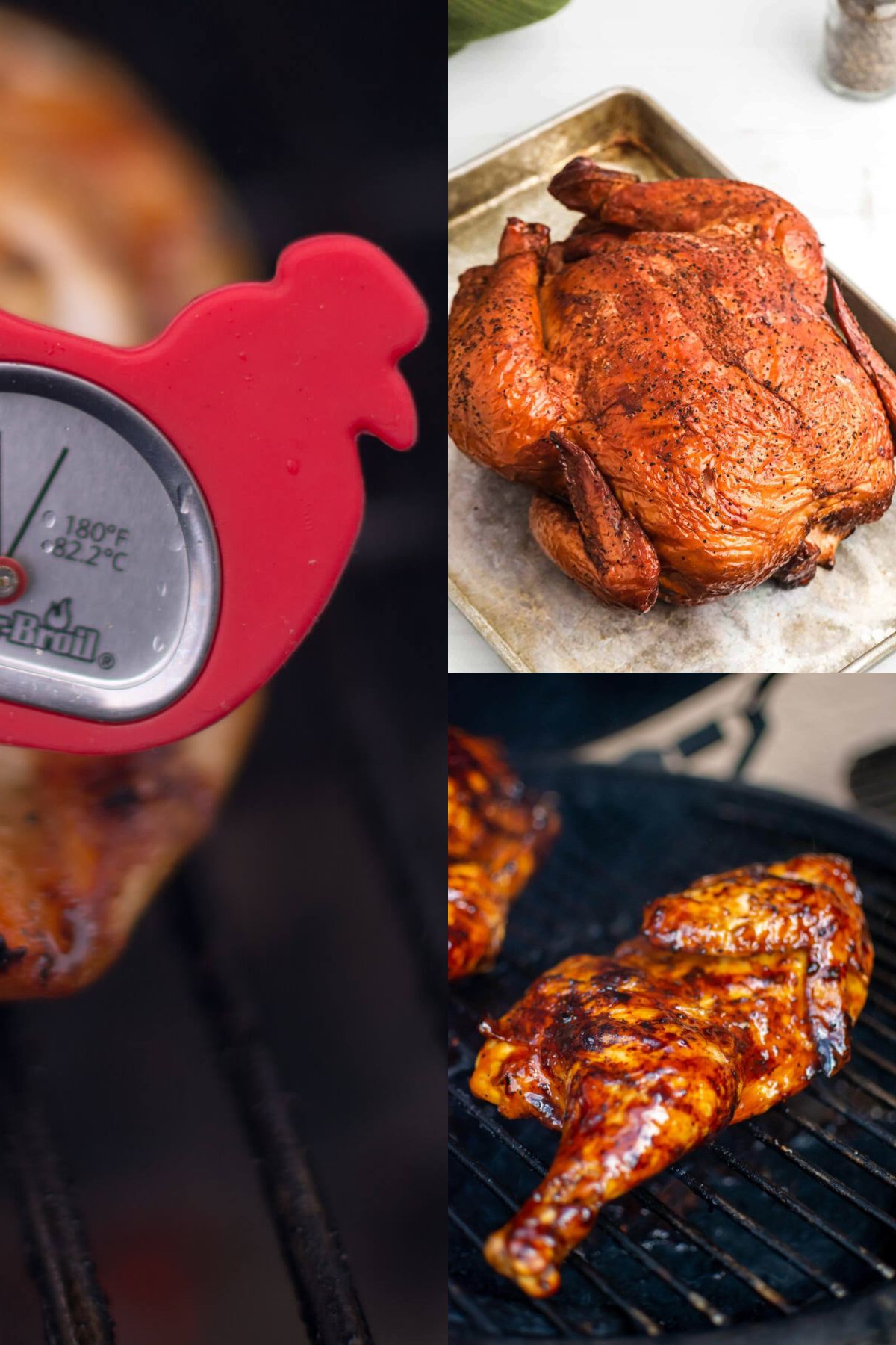 Three images of meat thermometer, smoked whole chicken and grilled chicken quarters.