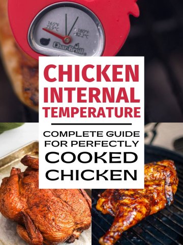 Three images of meat thermometer, smoked whole chicken, and grilled chicken quarters with overlayed text.