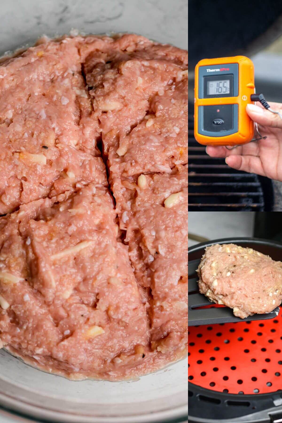Images showing ground turkey meat, digital meat thermometer, and turkey meat patties.