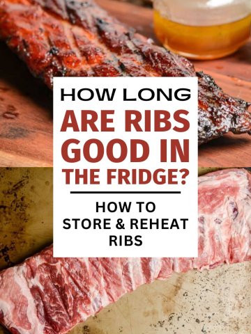 Two photos of grilled and raw rib racks with text overlay.