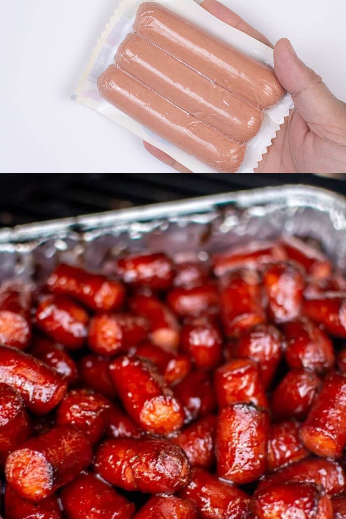 Images of raw packaged hot dogs and barbecued hot dogs.