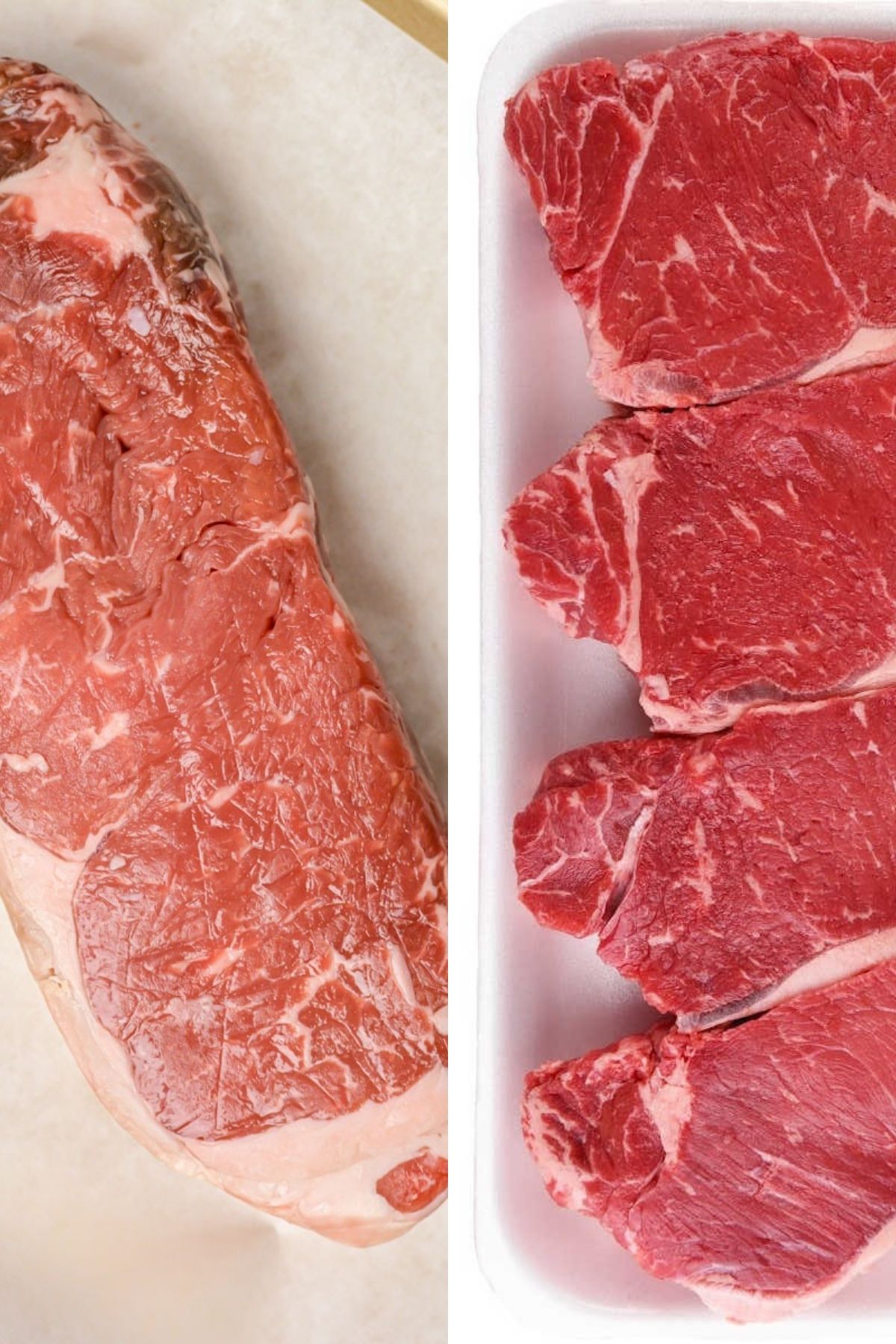 Two photos of raw New York Strip and sirloin steaks.