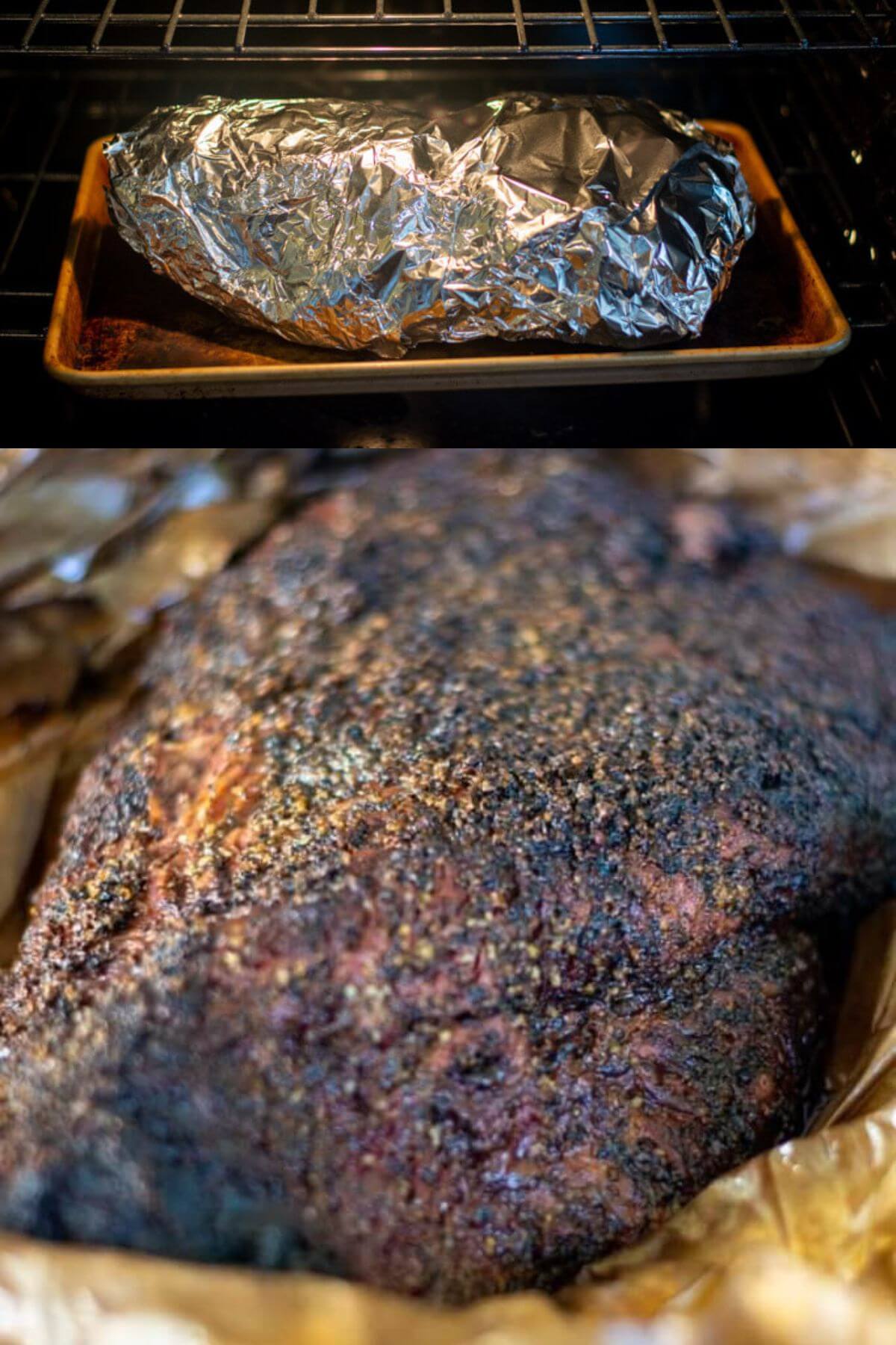 Two images showing wrapped and unwrapped smoked brisket.