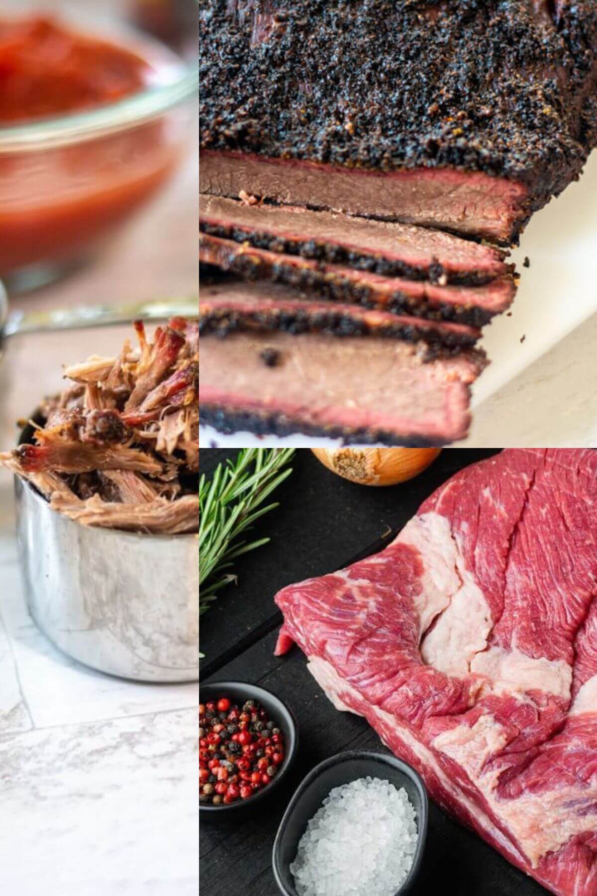 Different photos of raw and smoked brisket.