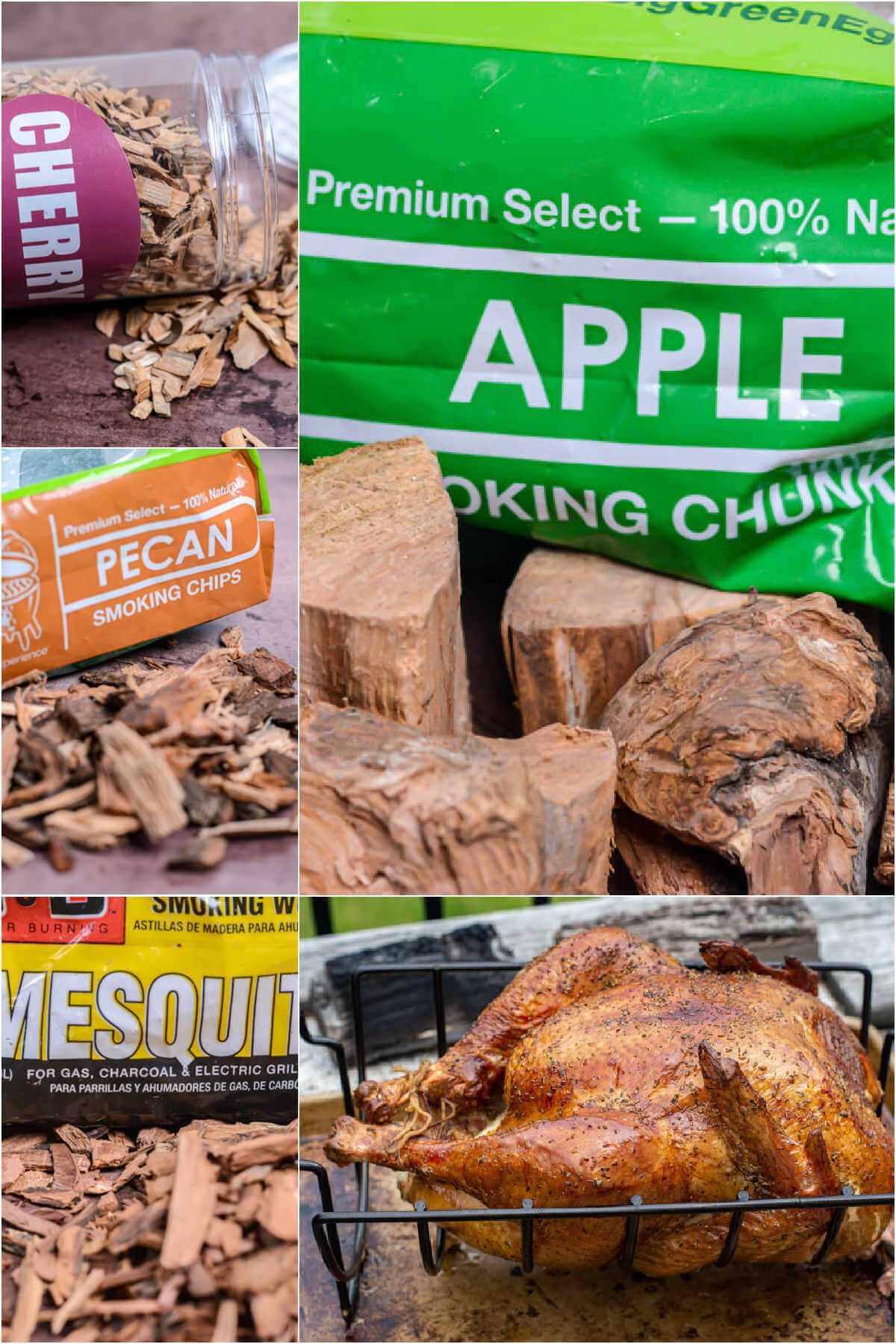 collage of different woods to smoke a turkey.