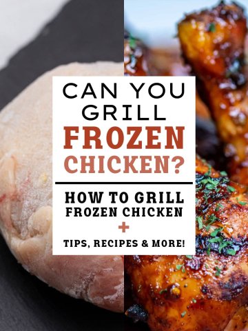 Two images of frozen chicken quarters and grilled chicken drumsticks with overlaid text.