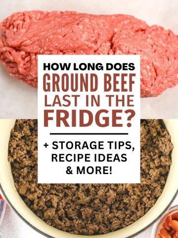 Two images of cooked and raw ground beef with text on top.
