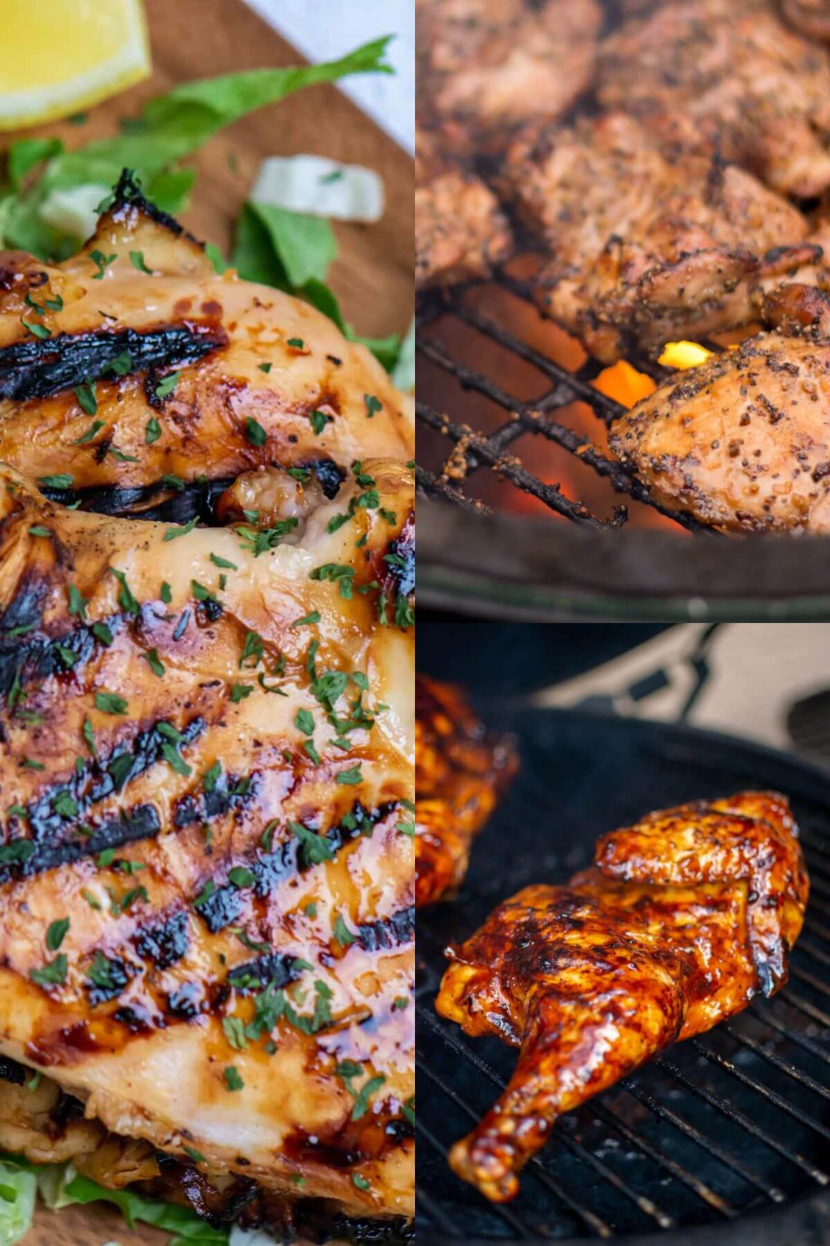 Three images of grilled chicken breast, thighs, and quarters.