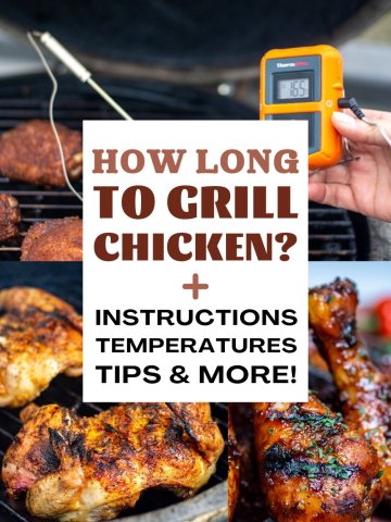 Three photos of grilled chicken thighs with thermometer, and grilled chicken drumsticks.