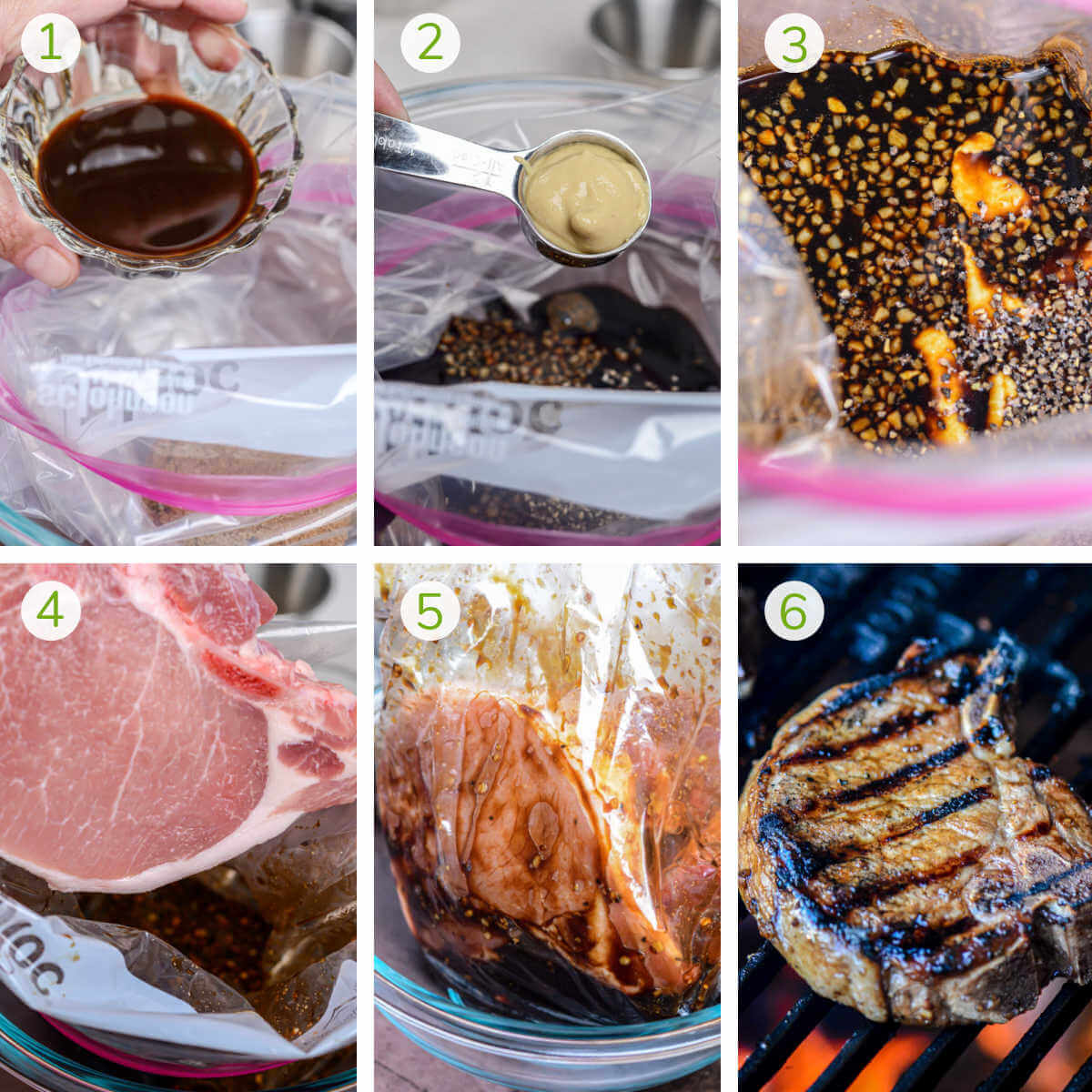 process photos showing adding the ingredients to a Ziploc bog, mixing it, adding the pork, letting it marinate and then grilling.