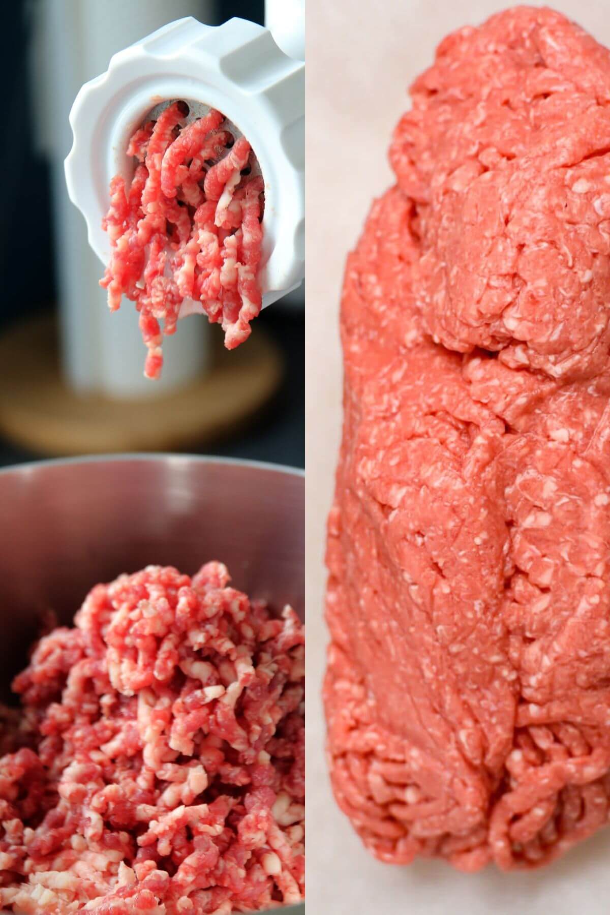 Two images of raw beef coming out of the mincer and a lump of ground beef.