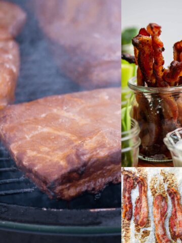 Three images of bacon slab, twisted bacon, and cooked bacon slices.