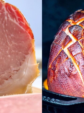 Two images of cooked sliced ham and twice smoked whole ham.