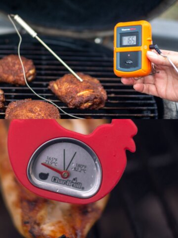 Two images of chicken thighs and breast with meat thermometers.
