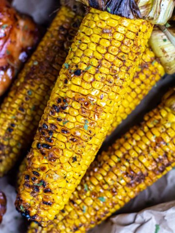 pile of corn on the cob after being grilled and having the husks tied back.