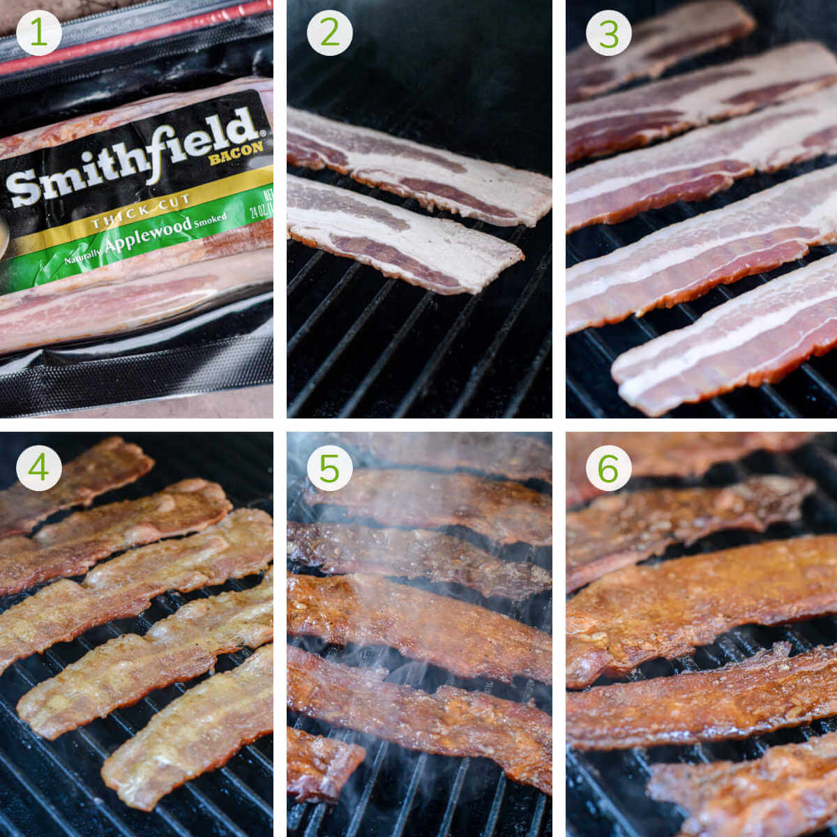 six process photos showing getting a package of thick cut bacon, adding the slices to the smoker and letting them cook.