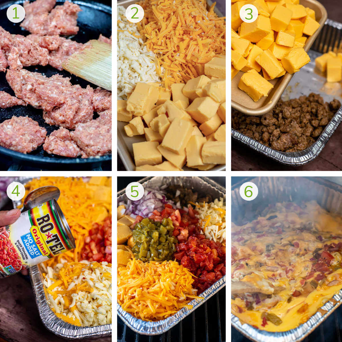 six photos showing the steps to make smoked queso dip including adding all ingredients to a disposable aluminum pan, smoking it and mixing.