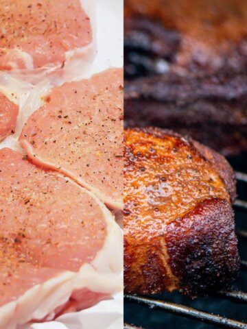 Two images of raw and grilled pork chops.