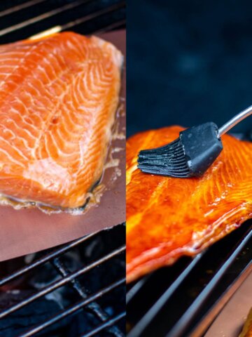 Two images of raw salmon on the grill.