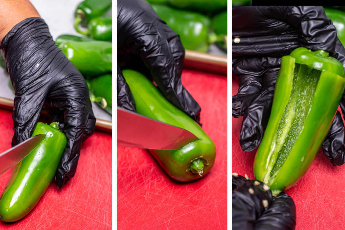three photos showing how to cut the jalapeño and clean out the seeds to prepare for filling.