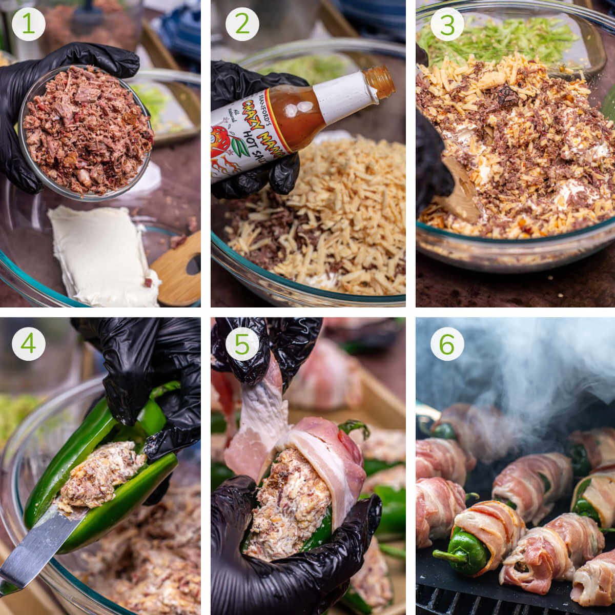 six process photos showing making the filling with brisket and hot sauce, stuffing the jalapeño, wrapping it in bacon and then smoking.