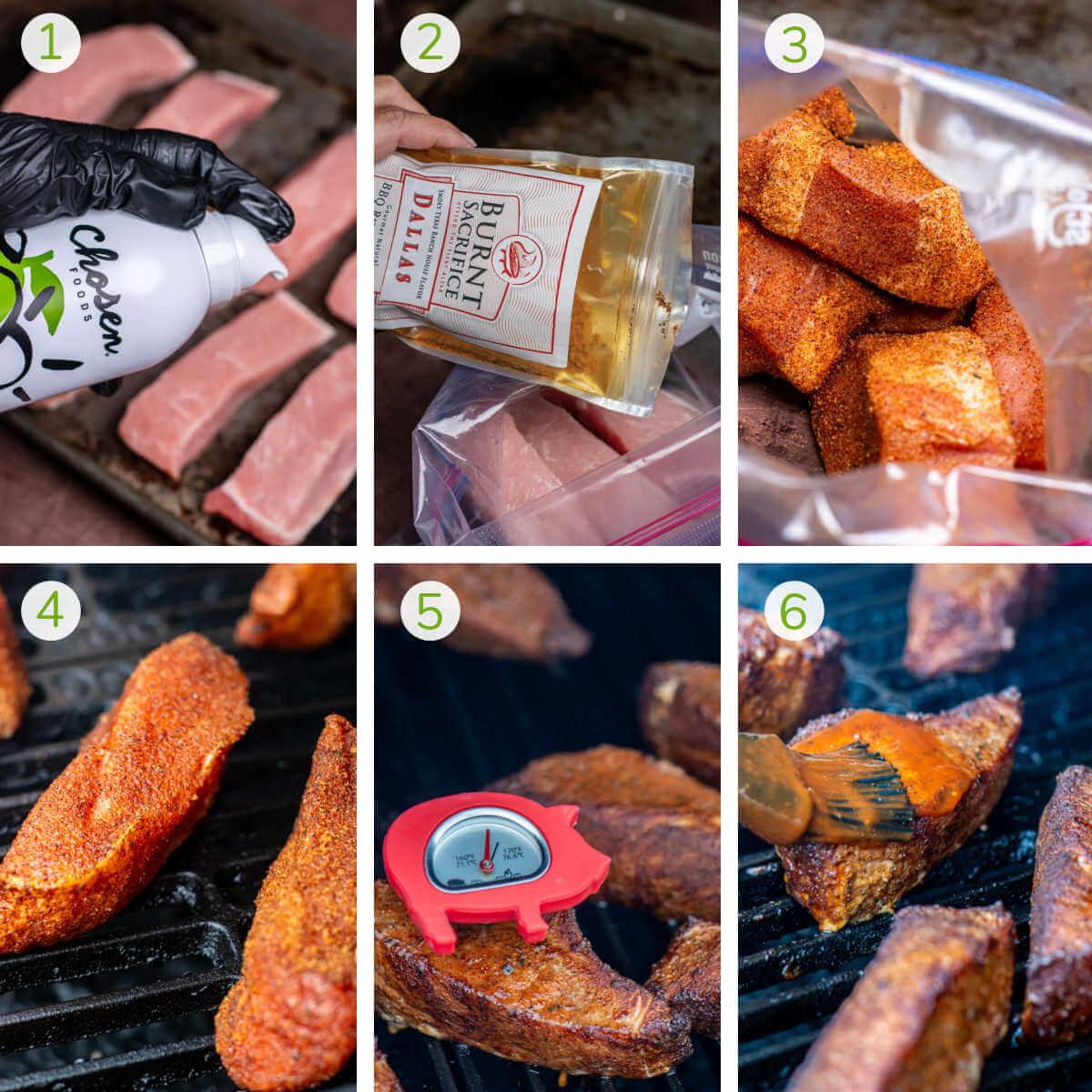 six process photos showing spraying the ribs with cooking oil, seasoning, smoking and then brushing with a BBQ sauce.