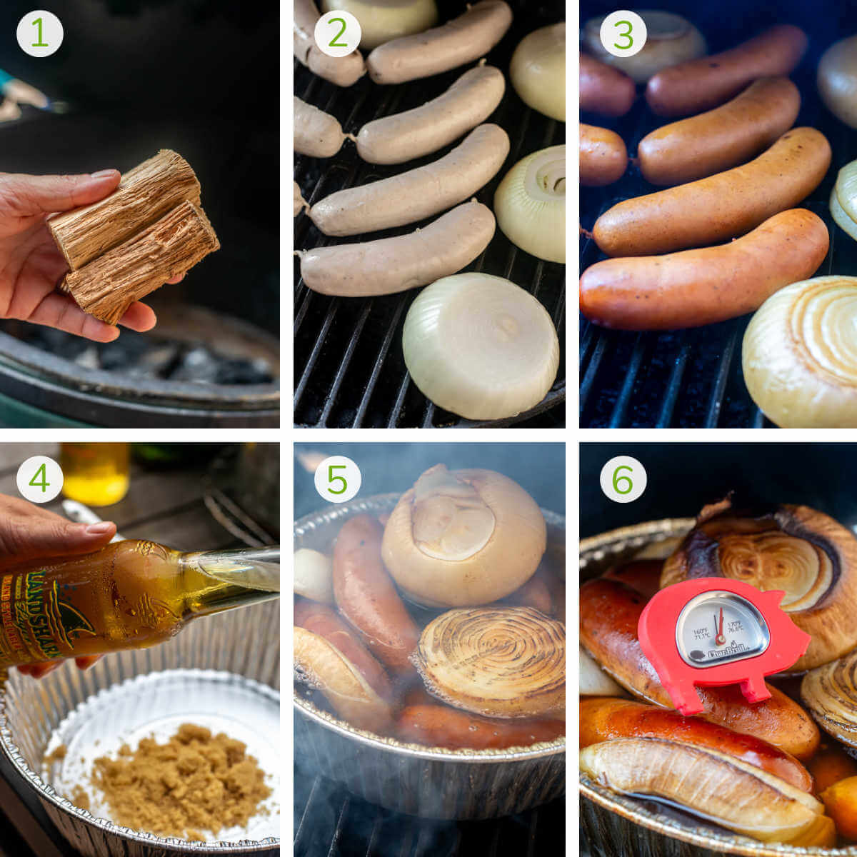 six process photos showing adding wood to the smoker, smoking the bratwurst, mixing the beer and brown sugar and then finishing the cooking until the brats are at a safe temperature.