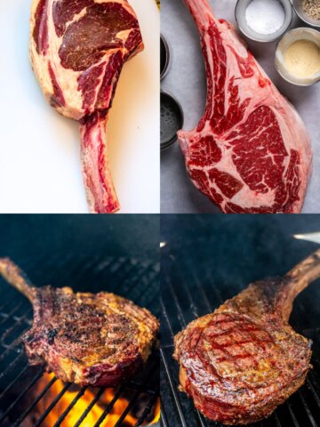 Four photos of raw and grilled Tomahawk and Cowboy steaks.