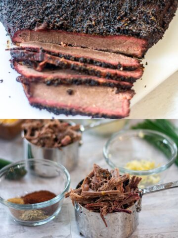 Two images of sliced smoked brisket and shredded brisket in a measuring cup.