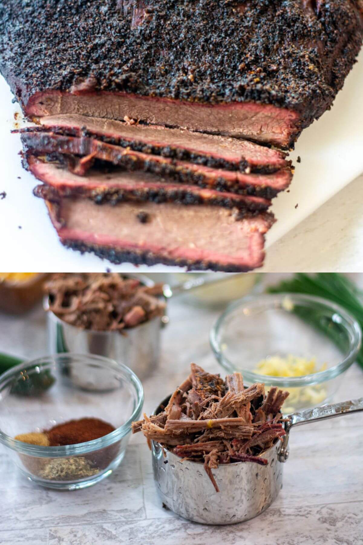 Two images of sliced smoked brisket and shredded brisket in a measuring cup.