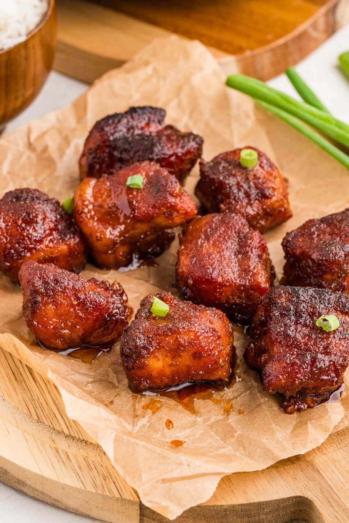 stack of pork belly burnt ends on butcher paper